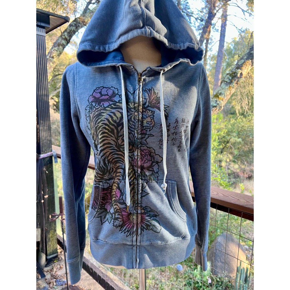 Lucky Brand Tiger Graphic Zip Up Hoodie Viva La Muerte Blue Vintage Inspired M